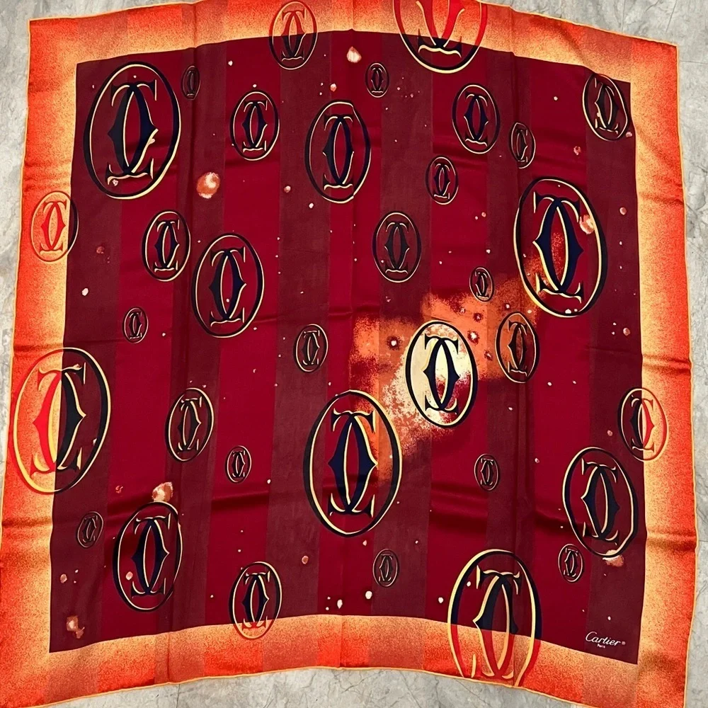 Cartier Paris Silk Scarf - Burgundy & Orange Double C Logo Print NIB